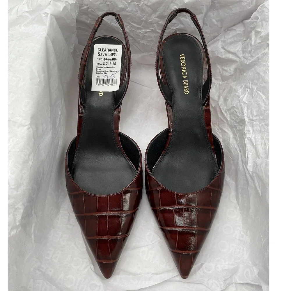 Veronica Beard Caroline Mahogany Croc Embossed Leather Slingback Pumps 7.5M NWT